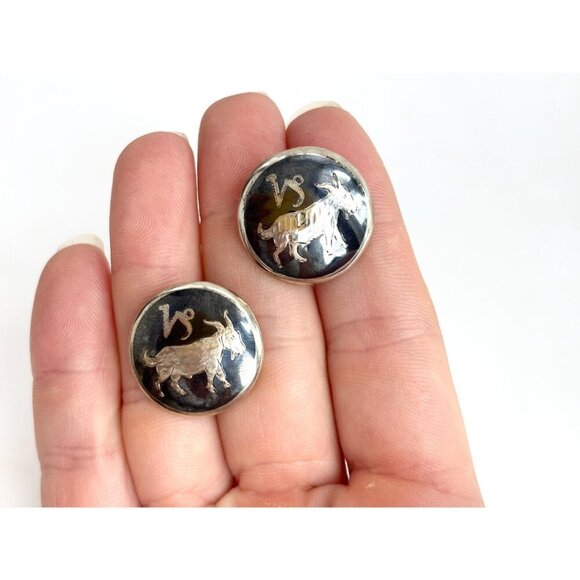 Siam Sterling Taurus Figural Nielloware Enamel Vintage Black Round Cufflinks - Picture 9 of 10